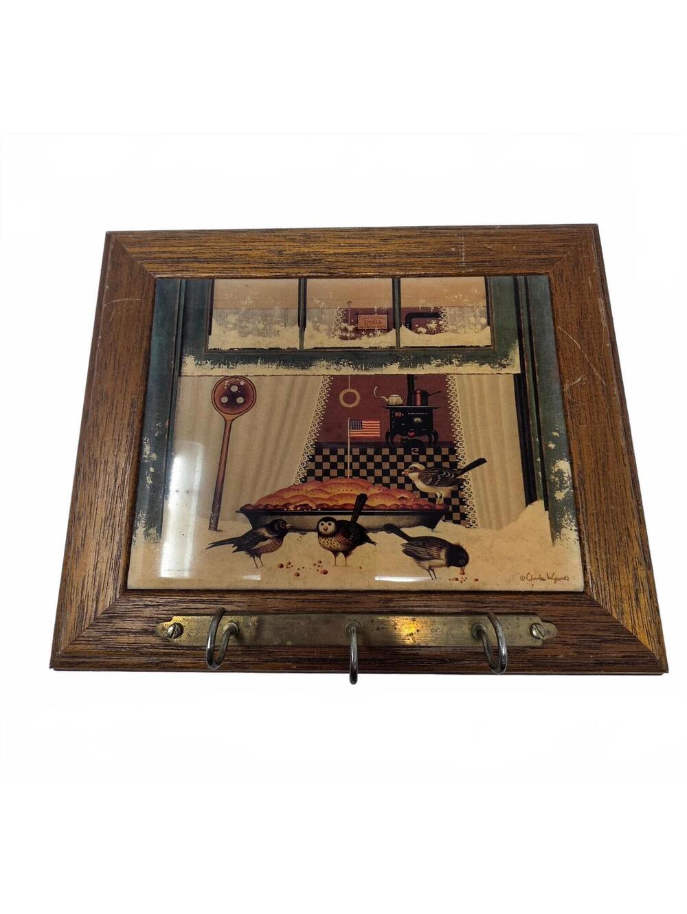Vintage Charles Wysocki Bird Pie Key Holder Wood Frame Country Kitchen